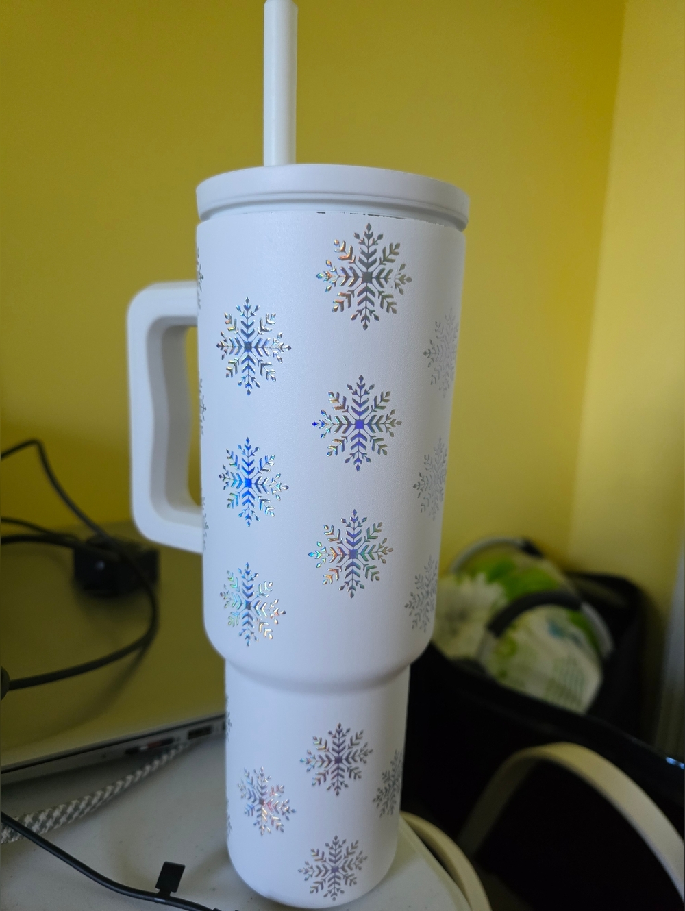 White Insulated Travel Tumbler with Handle and Holographic Snowflakes